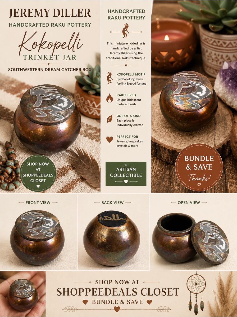 Jeremy Diller Handcrafted Raku Pottery Trinket Jar